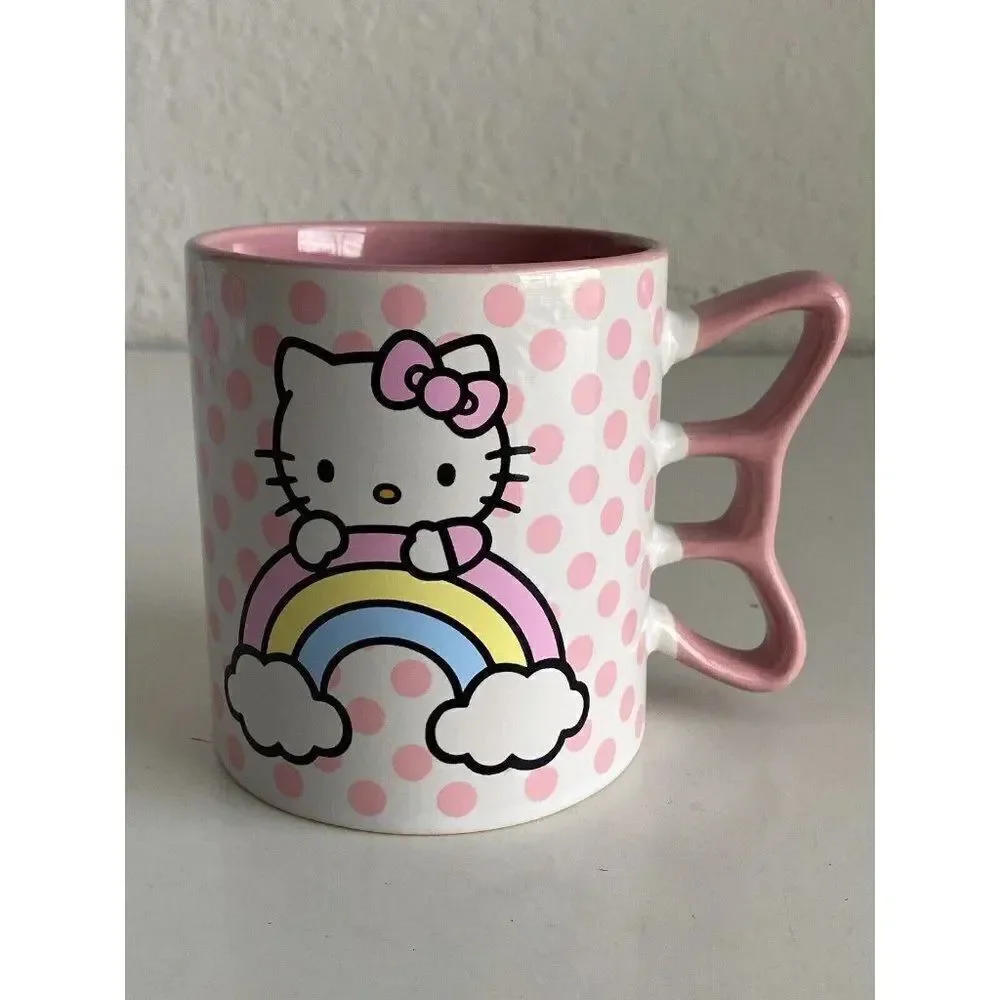 Sanrio Hello Kitty Rainbow‎ Polka Dots Shaped Handle Ceramic Mug 20 Oz Pink NEW